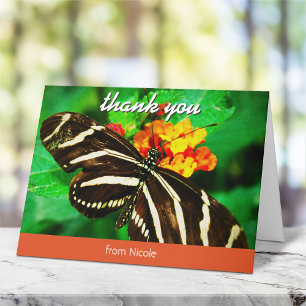 Black white butterfly photo custom name thank you card