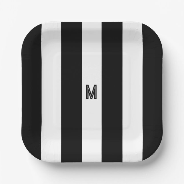 Black & White Cabana Stripe Minimal Monogram Paper Plate (Front)