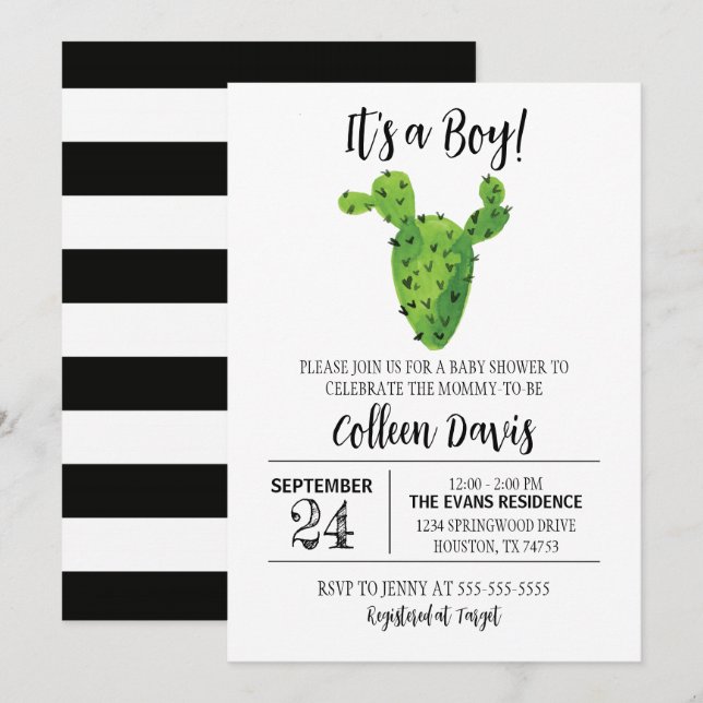 Black & White Cactus Baby Shower Invitation (Front/Back)