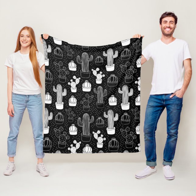 Black & White Cactus Doodle Pattern Fleece Blanket (In Situ)