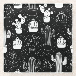 Black & White Cactus Doodle Pattern Glass Coaster