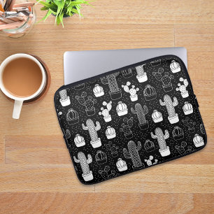 Black & White Cactus Doodle Pattern Laptop Sleeve