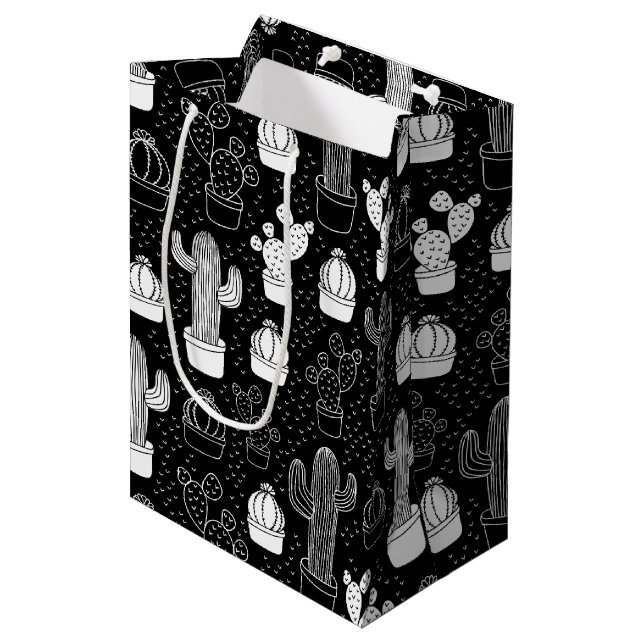 Black & White Cactus Doodle Pattern Medium Gift Bag (Front Angled)