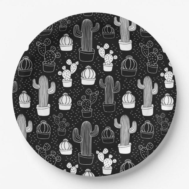 Black & White Cactus Doodle Pattern Paper Plate (Front)