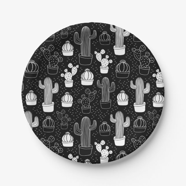 Black & White Cactus Doodle Pattern Paper Plate (Front)