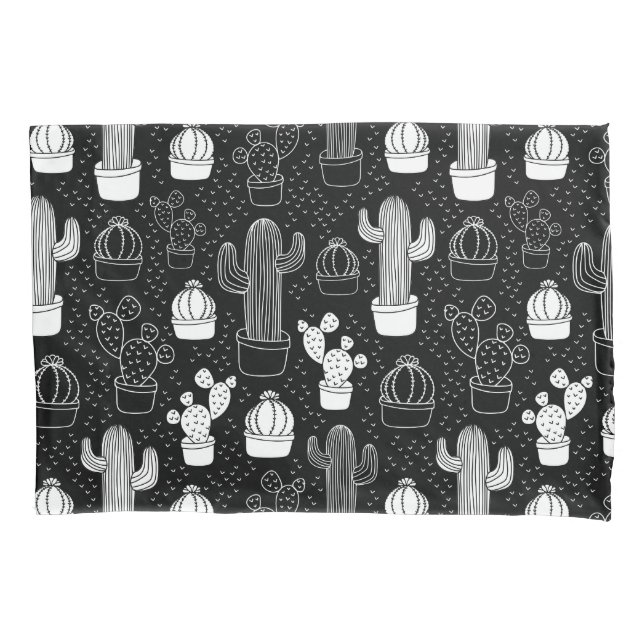 Black & White Cactus Doodle Pattern Pillowcase (Front)