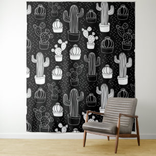 Black & White Cactus Doodle Pattern Tapestry