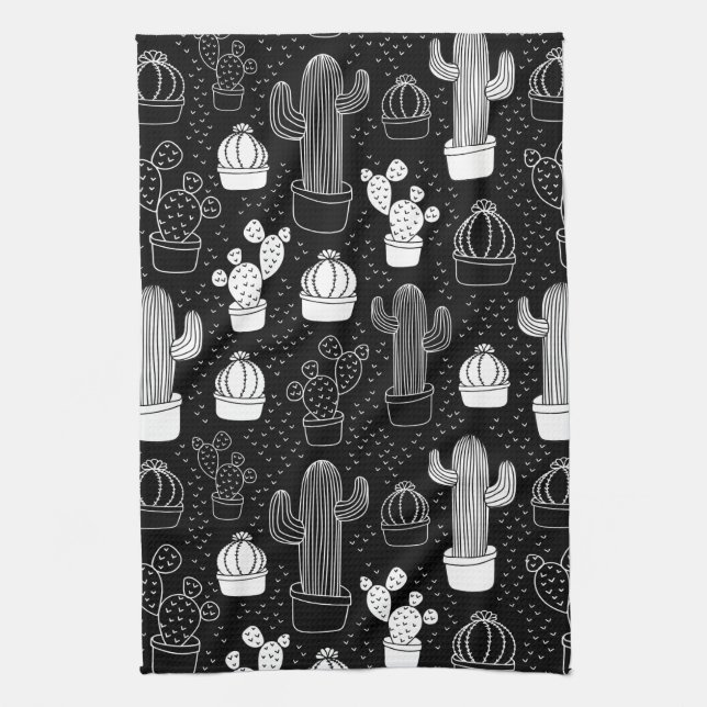 Black & White Cactus Doodle Pattern Tea Towel (Vertical)