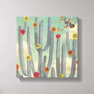 Black & white cactus with flowers Collage Art Canvas Print