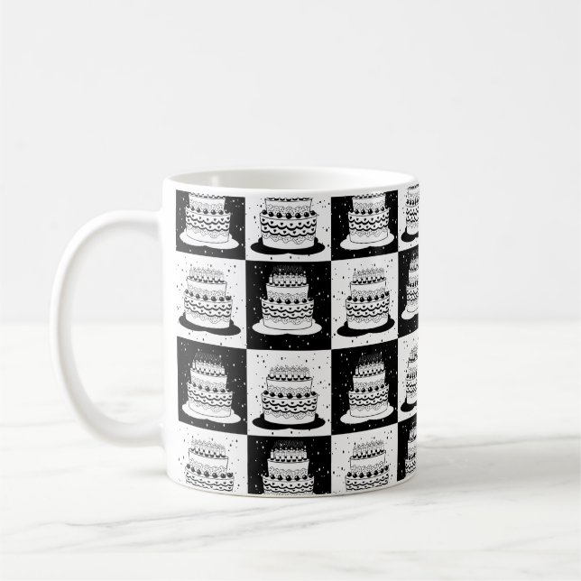 Black White Cake Chequered Block Print Coffee Mug (Left)