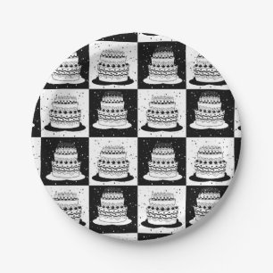 Black White Cake Chequered Block Print Paper Plate