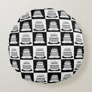 Black White Cake Chequered Block Print Round Cushion