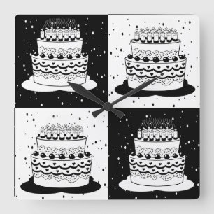Black White Cake Chequered Block Print Square Wall Clock