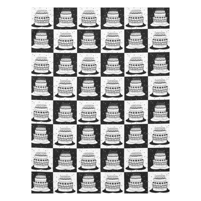Black White Cake Chequered Block Print Tablecloth (Front)