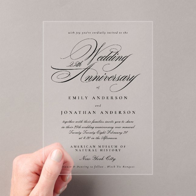 Black White Calligraphy 25th Wedding Anniversary Acrylic Invitations (Insitu (Handheld))