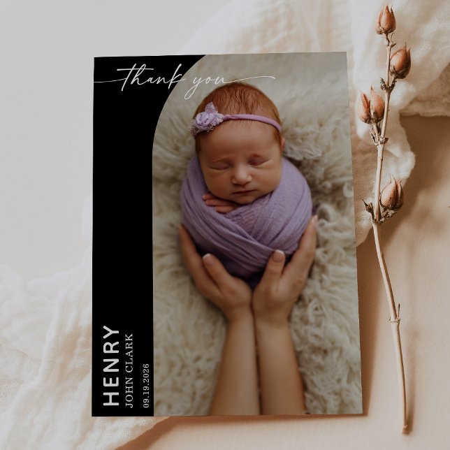 Black White Calligraphy Photo Baby Thank You Card (Creator Uploaded)