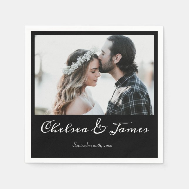 Black & White Calligraphy Photo Cocktail Party  Napkin (Front)