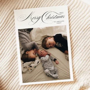 Black White Calligraphy Photo Merry Christmas Holiday Card