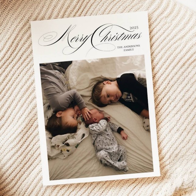 Black White Calligraphy Photo Merry Christmas Holiday Card (Creator Uploaded)