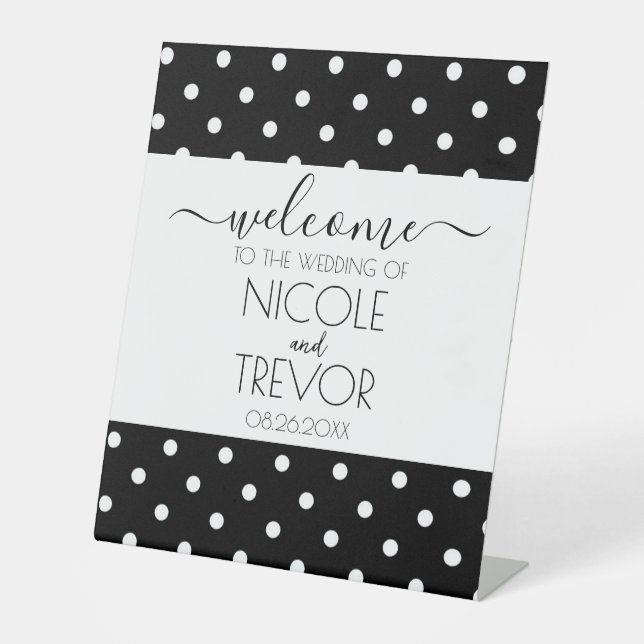 Black & White Calligraphy Polkadots Pedestal Sign (Front)