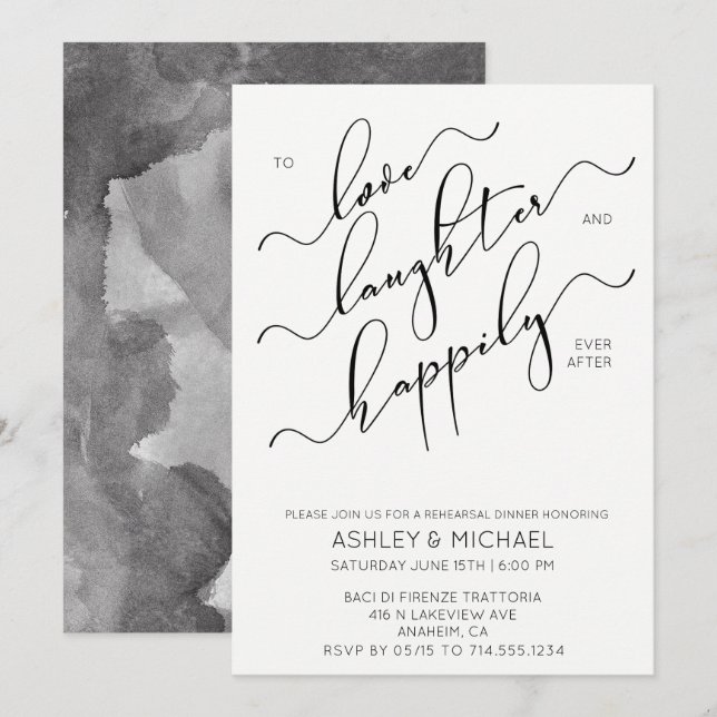 Black White Calligraphy Rehearsal Dinner Invite (Front/Back)