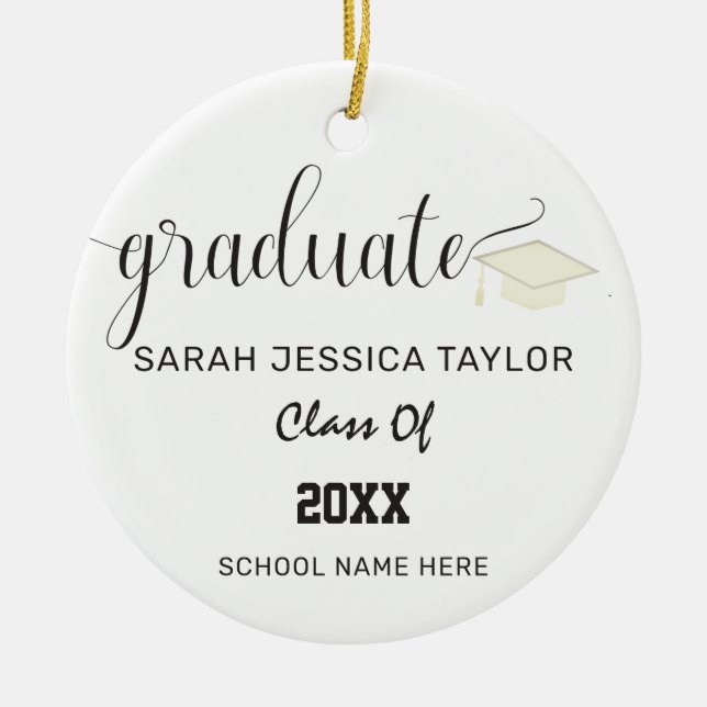 Black White Calligraphy Script Graduation Photo Ceramic Tree Decoration (Front)