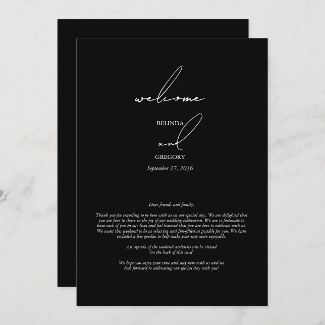 Black & White Calligraphy Script Wedding Itinerary Programme (Front/Back)