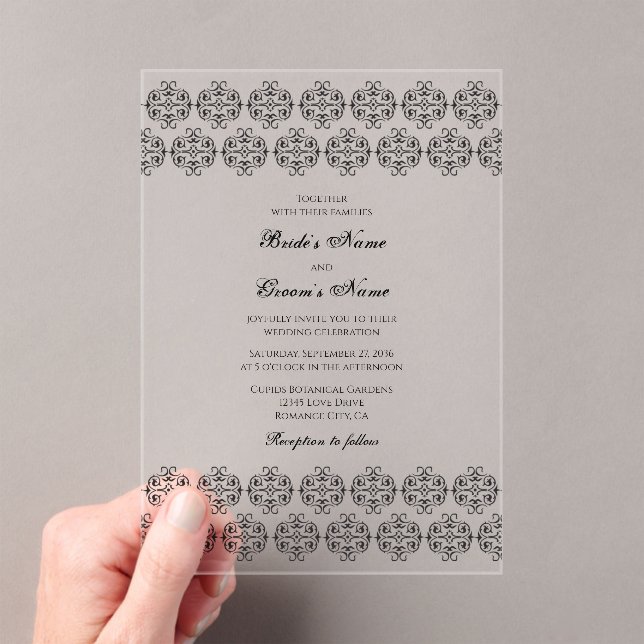 Black & White Calligraphy Vintage Damask Wedding Acrylic Invitations (Insitu (Handheld))