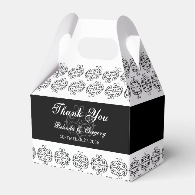 Black & White Calligraphy Vintage Damask Wedding Favour Box (Front Side)