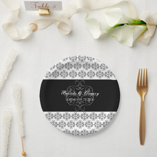 Black & White Calligraphy Vintage Damask Wedding Paper Plate (Wedding)