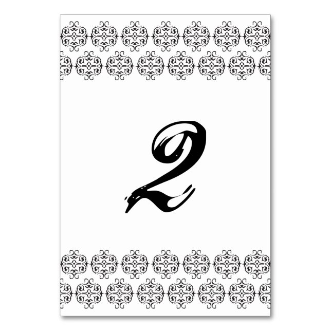 Black & White Calligraphy Vintage Damask Wedding  Table Number (Front)