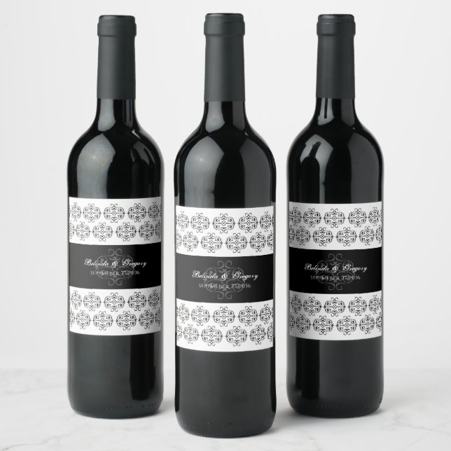 Black & White Calligraphy Vintage Damask Wedding   Wine Label (Bottles)