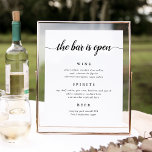 Black & White Calligraphy Wedding Bar Menu Sign<br><div class="desc">Invite guests to grab a favourite libation from the bar with our charming wedding bar menu sign. 11x14 poster features the headline "the bar is open" in crisp black calligraphy script and block lettering. Personalise with your wine,  beer and spirits selections beneath.</div>