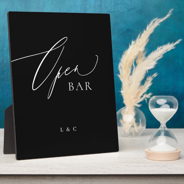 Black White Calligraphy Wedding OPEN Bar Sign Plaque (Side)