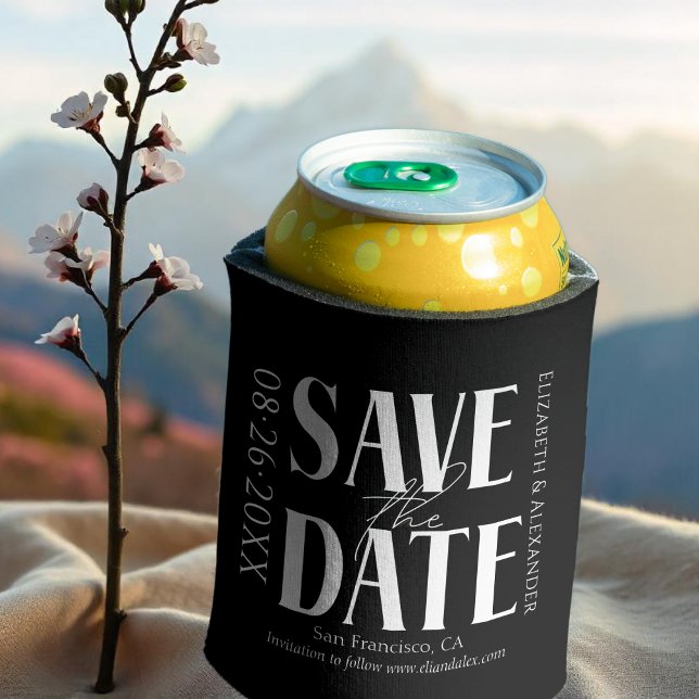 Black & White Calligraphy Wedding Save the Date Can Cooler (Creator Uploaded)