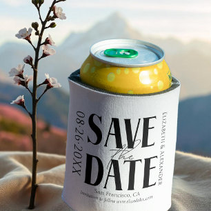Black & White Calligraphy Wedding Save the Date Can Cooler