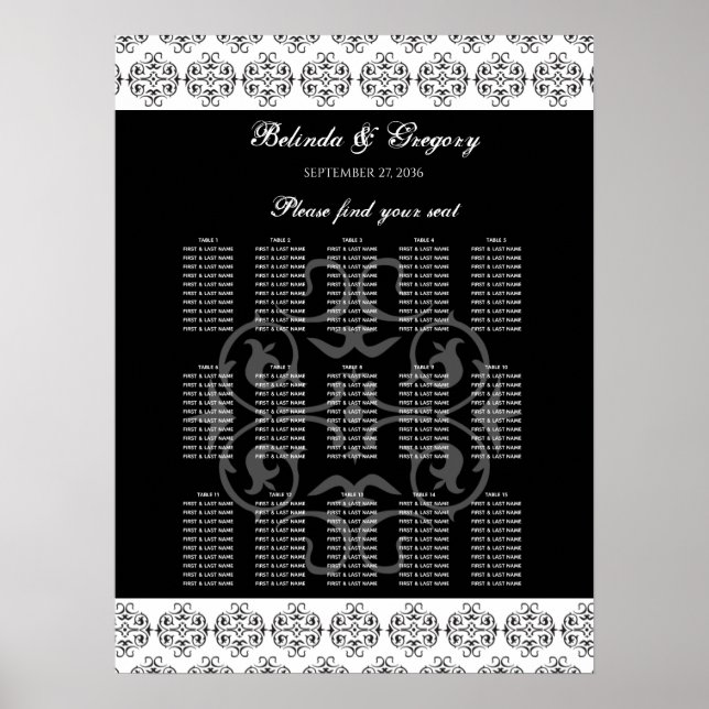 Black & White Calligraphy Wedding Seating Chart (Front)