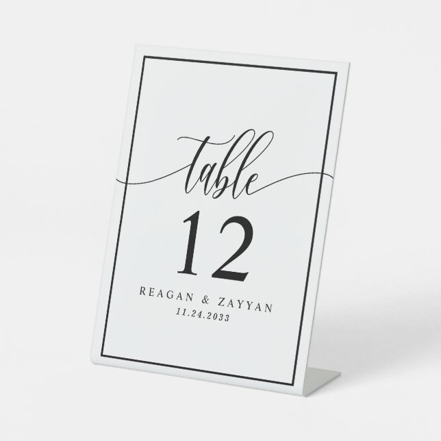 Black White Calligraphy Wedding Table Number Pedestal Sign (Front)