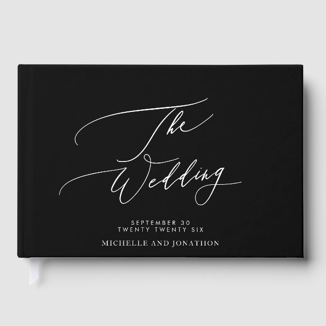 Black & White Calligraphy Wedding Wedding Guest Book (Front)