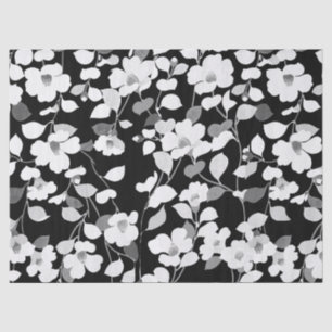 BLACK WHITE CAMELLIAS, LEAVES Dark Floral Tissue Paper