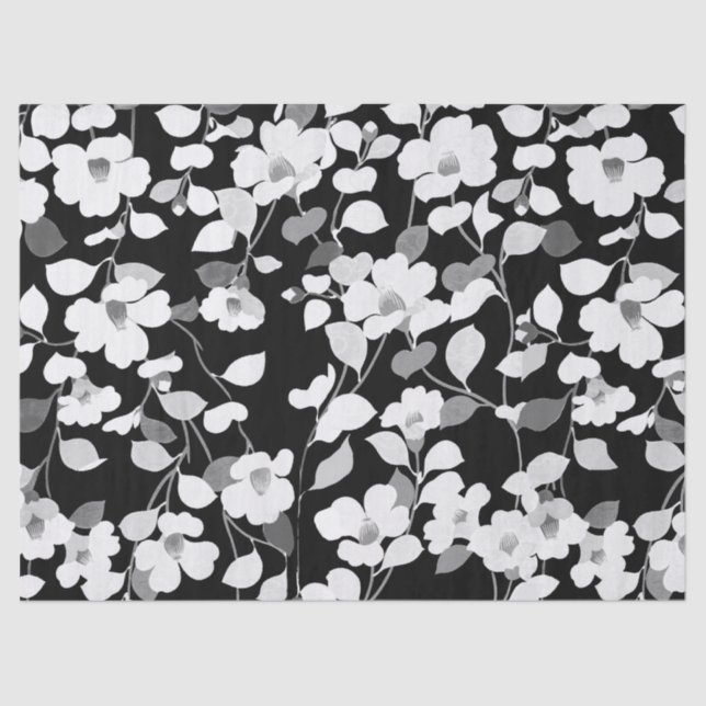 BLACK WHITE CAMELLIAS, LEAVES Dark Floral Tissue Paper (Front)