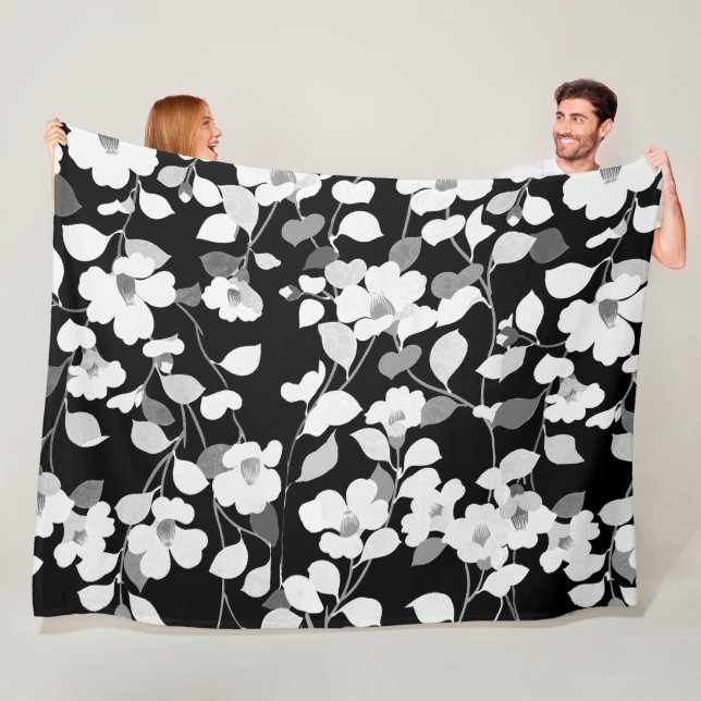 BLACK WHITE CAMELLIAS, LEAVES,FOLIAGE, Dark Floral Fleece Blanket (In Situ)