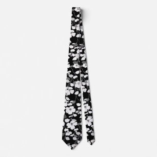 BLACK WHITE CAMELLIAS, LEAVES,FOLIAGE, Dark Floral Tie