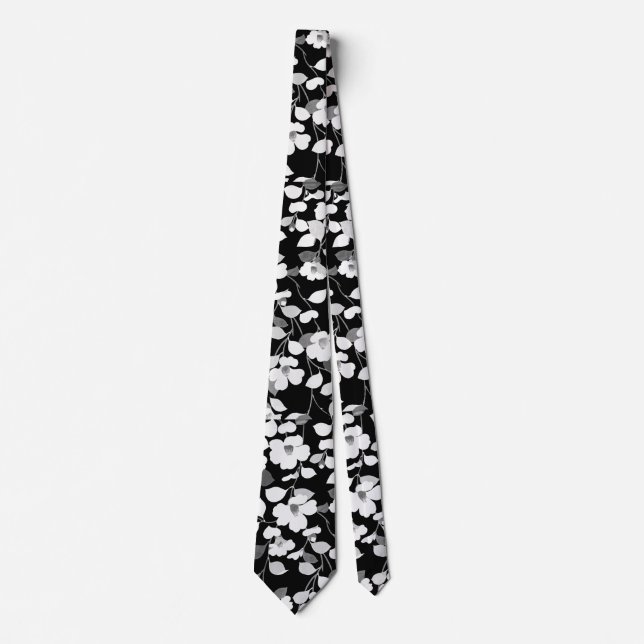 BLACK WHITE CAMELLIAS, LEAVES,FOLIAGE, Dark Floral Tie (Front)