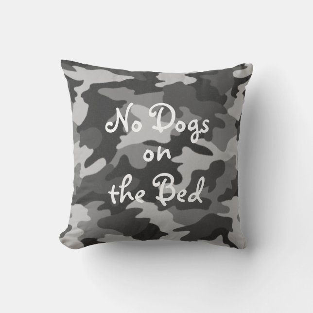 Black & White Camouflage "No Dogs on the Bed" Cushion (Front)
