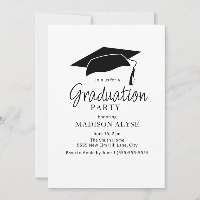 Black White Cap Photo Graduation Invitation (Front)