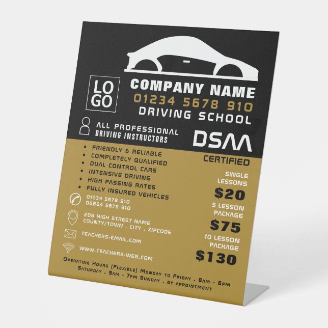 Black & White Car Logo, Driving School, Instructor Pedestal Sign (Front)