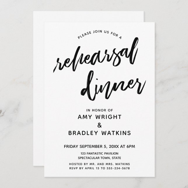 Black White Casual Handwriting Rehearsal Dinner Invitation (Front/Back)
