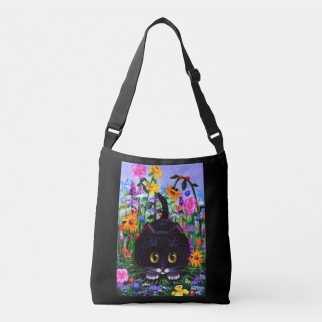 Black White Cat and Flowers Summer Crossbody Bag (Front)