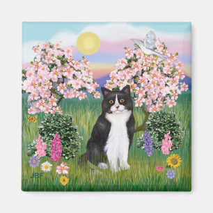 Black & White Cat - Blossoms Magnet